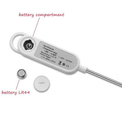Digital Meat Thermometer For Cookin And BBQ With Long Probe, Instant Read, battery compartment and LR44 battery visible