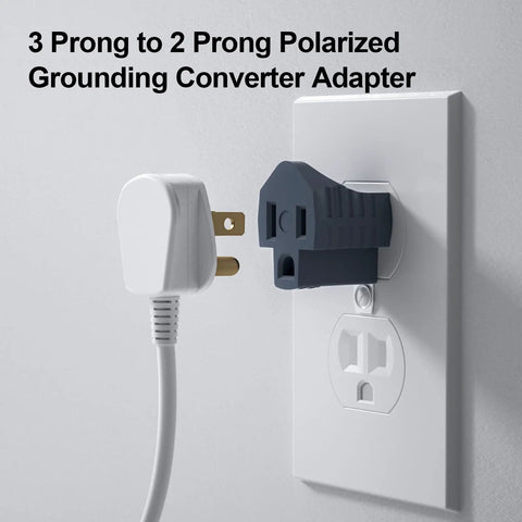 3 prong to 2 prong polarized grounding adapter in wall outlet, shown converting a plug, ETL listed for home use.