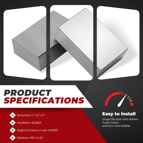Two Piece 123 Block Set Ultra Precision Machinist Blocks 1 Inch By 2 Inch By 3 Inch Hardened Tool Steel Ground On All Sides 0.0002 Inch Tolerance With 23 Holes Square And Flat For Accurate Setup And Measurements., two 1x2x3 hardened steel blocks shown with product specifications
