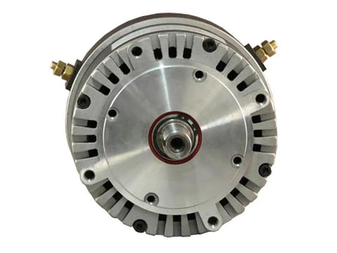 Heavy Duty Brush Type Permanent Magnet DC Motor delivering 12 To 48 Volts, front view showing smooth aluminum finish and mounting points.