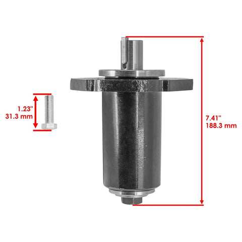 Universal Mower Deck Center Spindle 3-Pack Go-To Replacement Part For Select Commercial Walk-Behind And Stand-On Mowers Fits 59125000 58810800 59202600 For Long-Lasting Performance, showing spindle with dimensions 7.41 inches and bolt 1.23 inches.
