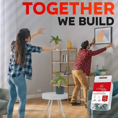 Couple using 50 Piece Self Drilling Drywall Anchors And Screws Kit Size 8 By 1 And 1 Quarter Inch Holds Up To 75 Lbs