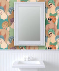 Hella Durable Art Deco Wallpaper Featuring Elegant Feminine Designs With Super Tough Linen Texture Surface and PVC Free Type II Professional Covering for Interiors and Living Rooms, displayed behind a mirror.