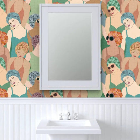 Hella Durable Art Deco Wallpaper Featuring Elegant Feminine Designs With Super Tough Linen Texture Surface and PVC Free Type II Professional Covering for Interiors and Living Rooms, displayed behind a mirror.