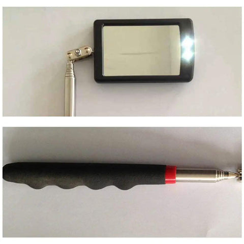 Telescoping LED Inspection Mirror With 360 Degree Swivel And Dual Bright Lights For Hard To See And Reach Areas 34 Inch Extendable Handle Compact Collapsed Size For Tight Corners And Dead Angles, black rectangular mirror