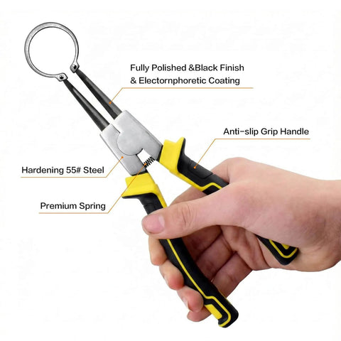 7 Inch Snap Ring Pliers Set Four Piece Circlip Pliers Kit With Straight And Bent Jaw Internal And External Rings held in hand