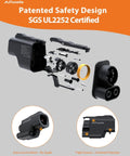 No Sweat NACS To CCS EV Charging Adapter, UL Certified 500 Amp Fast Charge Plug components with safety features and assembly details.