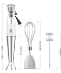 Immersion Hand Blender 3-in-1, 8-Speed Stick Blender with detachable milk frother and egg whisk, BPA free, white, dimensions shown.