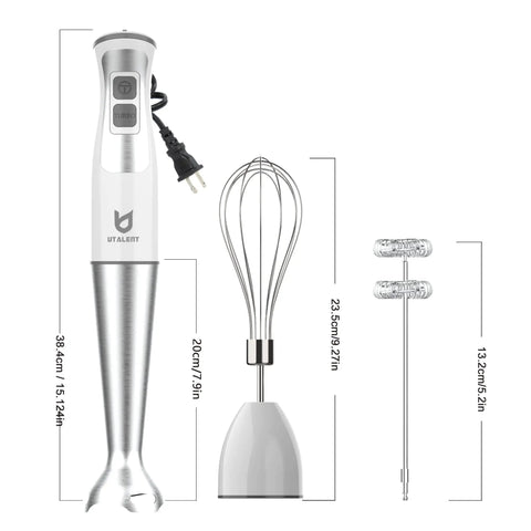 Immersion Hand Blender 3-in-1, 8-Speed Stick Blender with detachable milk frother and egg whisk, BPA free, white, dimensions shown.