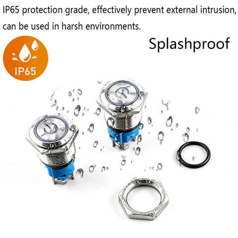 Two Pack 16mm Stainless Steel Latching Push Button Switch Waterproof IP65 12V 24V 5A SPDT On Off 1NO1NC With Blue LED