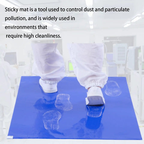 Heavy Duty Adhesive Mats To Trap Dust And Grime Effortlessly Peel And Replace Sticky Floor Pads For Cleanrooms Clinics And Construction Sites No Sweat Cleanup 300 Sheets Roll with footprints on blue surface.