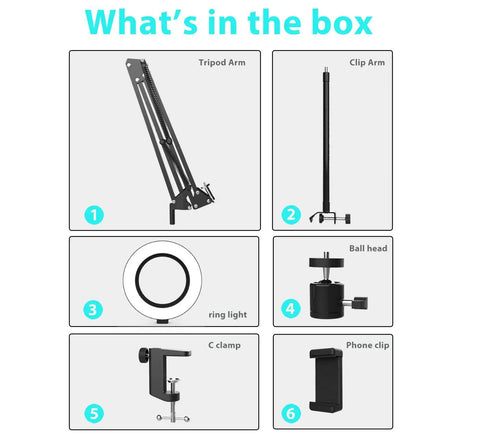 Overhead USB Ring Light Camera Mount With Flexible Arm Stand parts, including 6 Inch Dimmable Ring Light, tripod arm, clamp, ball head.