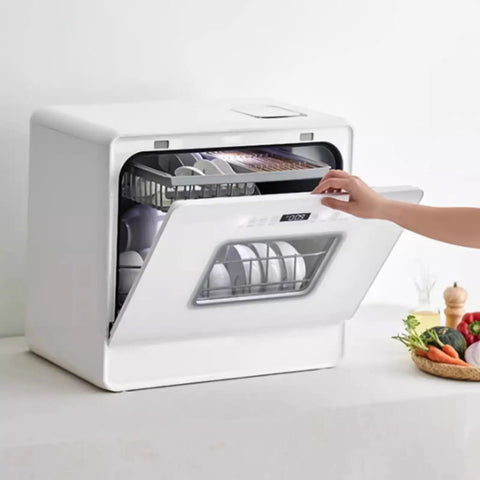 Portable Countertop Dishwasher Fully Automatic Compact Kitchen Essential With Intelligent Air Dry and Spacious Rollout Basket for Tiny Homes open with dishes inside.