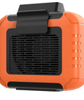 6000mAh Portable Waist Clip Fan with Necklace Mode, orange color, close-up showing clip and vent design