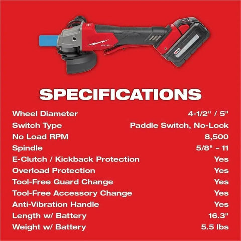 Badass Brushless Angle Grinder Set Featuring Dual High Output Batteries And Rapid Charger specifications on red background.