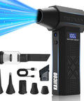 Three In One Electric Air Duster With Four Gear Adjustable Powerful Handheld Blower That Blows Dust Vacuum Debris And Collects It Type C Fast Charging Great For Computer Keyboard Home Office And Car Cleaning with attachments displayed