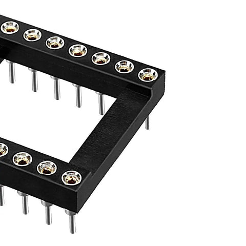 Close-up of a DIP IC Socket Adapter Solder Type 2.54mm Pitch Dual Row 32 Pins with visible metal contacts and frame.