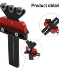Precision Thin Ripping Guide Jig With Cool 3-Pulley System For Super Tight Cuts And Kickback Defense On Table Saws showing black aluminum body and red pulleys.