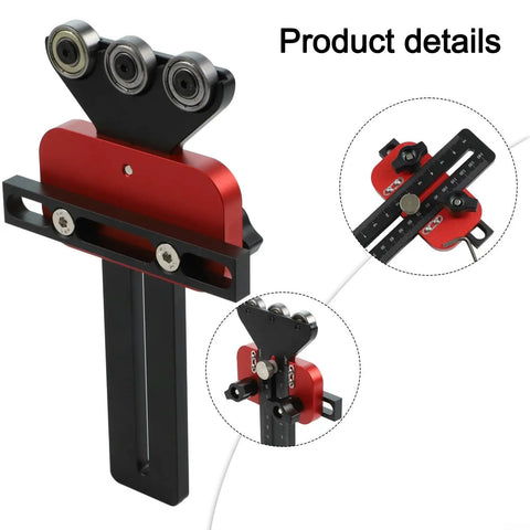Precision Thin Ripping Guide Jig With Cool 3-Pulley System For Super Tight Cuts And Kickback Defense On Table Saws showing black aluminum body and red pulleys.