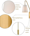 Modern Brass Plug In Wall Sconces Set Of Two With Fabric Shade And Pull Chain Switch details: linen shade, brass finish, pull chain.