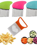 Crinkle-cut knife set: four-piece stainless steel wavy cutters with green, pink, blue handles and orange slicing tool.