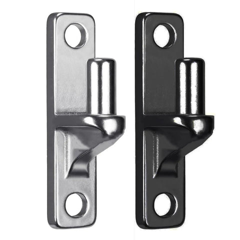Close-up of Four Pack Wall Mount Gate Hinges For Outdoor Chain Link Fence Gates With Five Eighth Inch Pin in black and silver.