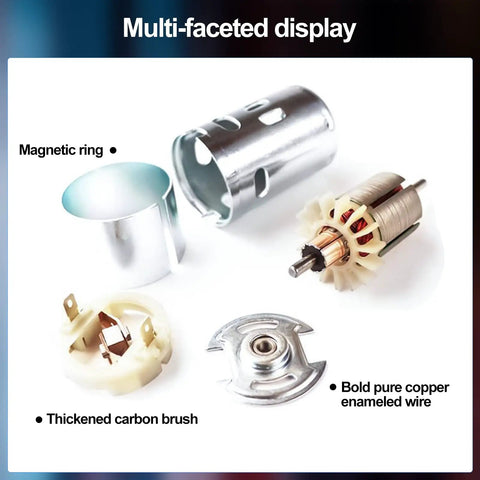 Parts of a 12V 775 DC Motor With High Torque Up To 20,000 RPM Dual Ball Bearing Built In Cooling Fan, including magnetic ring, carbon brush, and copper wire.