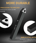 Five Piece One Half Inch Indexable Carbide Turning Inserts Holder Set for Lathes with Replaceable Tips shown highlighting material and tip.