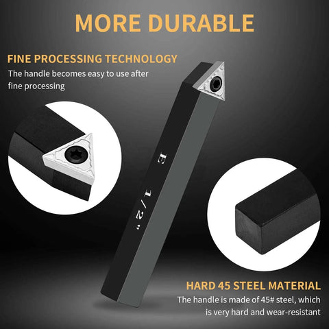 Five Piece One Half Inch Indexable Carbide Turning Inserts Holder Set for Lathes with Replaceable Tips shown highlighting material and tip.