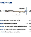 Diagram of Pack of 6 1/8-Inch Titanium Nitride Coated Drill Bits With 1/4 Inch Hex Shank dimensions and specifications.