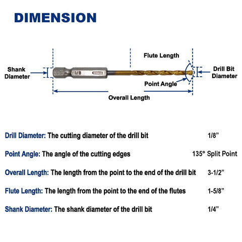 Diagram of Pack of 6 1/8-Inch Titanium Nitride Coated Drill Bits With 1/4 Inch Hex Shank dimensions and specifications.