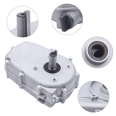 Gear Reduction Box For Honda GX270 With Internal Clutch, 13HP Reducer, Half Speed Reduction For More Torque, aluminum and iron build, close-up of shaft and oil plug.