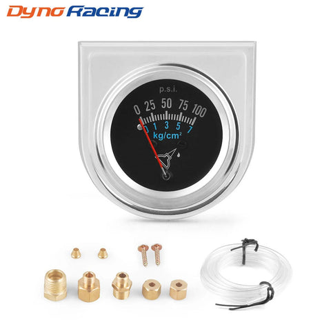 Dyn Racing 2''/52mm mechanical oil pressure gauge kit, chrome bezel, black dial, 0-100 psi, includes fittings and tubing