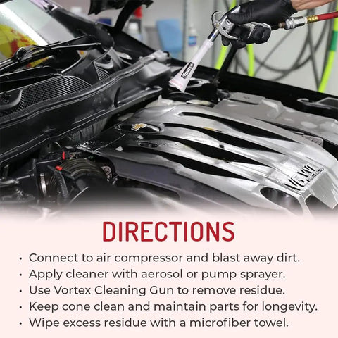 Vortex II Air Cleaning Gun for Auto Detailing, Deep Clean Car Interiors and Exteriors in use cleaning car engine bay