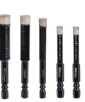 Five-piece diamond drill bit set with black hex shanks and diamond tips; sizes 12mm, 10mm, 8mm, and two 6mm bits