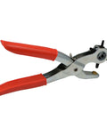 Heavy Duty Pro Grade Leather Hole Punch Tool Set with Revolving 6 Size Punches, metal construction, visible side view with red handles