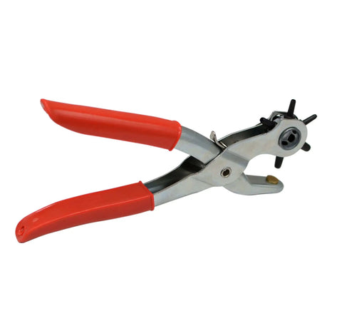 Heavy Duty Pro Grade Leather Hole Punch Tool Set with Revolving 6 Size Punches, metal construction, visible side view with red handles