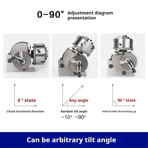 Solid Six Inch Universal Indexing Head For Milling Machines Featuring Heavy Duty Three Jaw Chuck And Cnc Rotary Axis Tailstock Kit showing 0-90 degree adjustment angles.