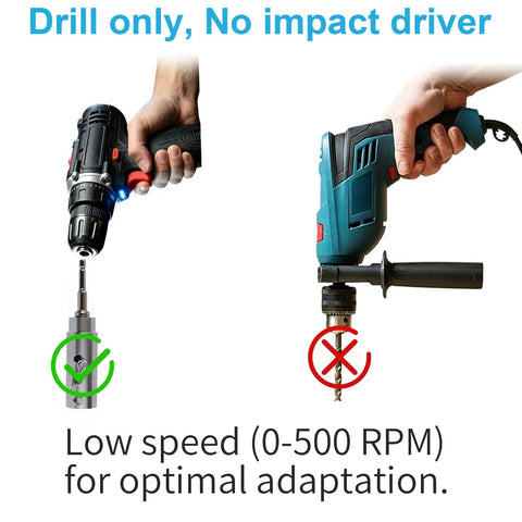Ditch Elbow Grease, Hardcore Stainless Steel Trailer Jack Drill Adapter For One Inch Drive Shaft instructional image showing correct drill use.