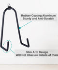 Adjustable Wall Plate Hanger Display Holder For 7 To 14 Inch Plates Plaques And Artwork With Flexible Aluminum Clamps and a rubber-coated hanger.