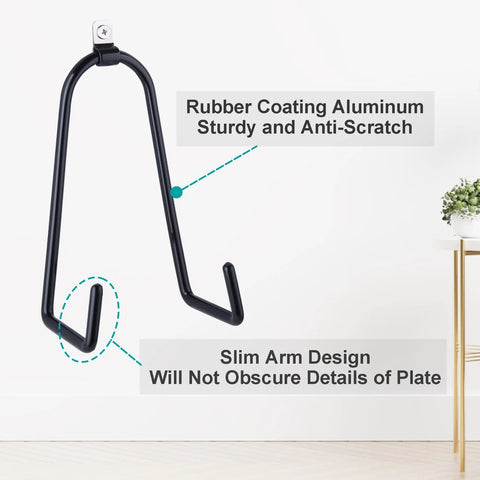 Adjustable Wall Plate Hanger Display Holder For 7 To 14 Inch Plates Plaques And Artwork With Flexible Aluminum Clamps and a rubber-coated hanger.