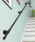 Heavy Duty Wrought Iron Stair Handrail With Galvanized Pipe Support Bar For Indoor Outdoor Hallway Ramp Bathroom Safety Grab Rail mounted on wall.