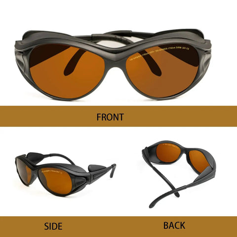 Badass OD5 Laser Safety Goggles With Solid Black Frame Block Dangerous UV And IR Rays From 190 To 540 Nm And 800 To 1700 Nm Built Tough For Welding Marking Engraving Keep Your Peepers Safe, front, side, and back views.