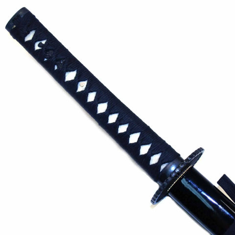 Handle of Unsharpened Carbon Steel Iaito Iaido Practice Katana Sword for Safe Training, showing black wrap and crane tsuba