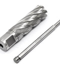 Two-piece annular cutter kit: silver steel cutter with Weldon shank and long HSS slugger bit.
