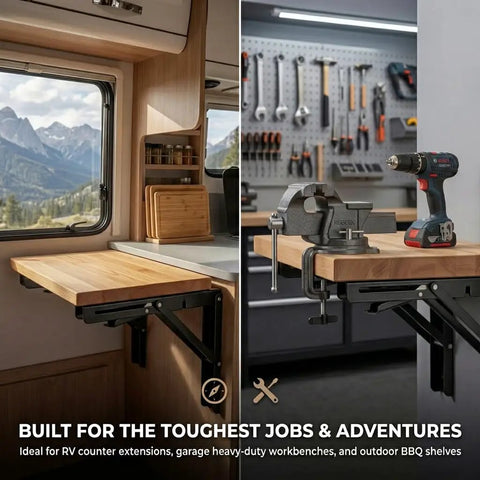 Built Like A Tank Heavy Duty Folding Shelf Brackets 2 Pack Matte Black Steel for RV counter and garage workbench usage.