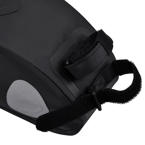 Close-up of black 10L Roll Top Bike Saddle Bag With Water Resistant PVC TPU Construction Adjustable Capacity Reflective Accents