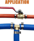 Heavy Duty Pex Pinch Clamps Kit With Five Sizes Three Eighths Inch One Half Inch Five Eighths Inch Three Quarters Inch And One Inch 50 Pieces Cinch Clamps For Securing Pipes And Hoses In Plumbing, showing clamp application on blue and red pipes.