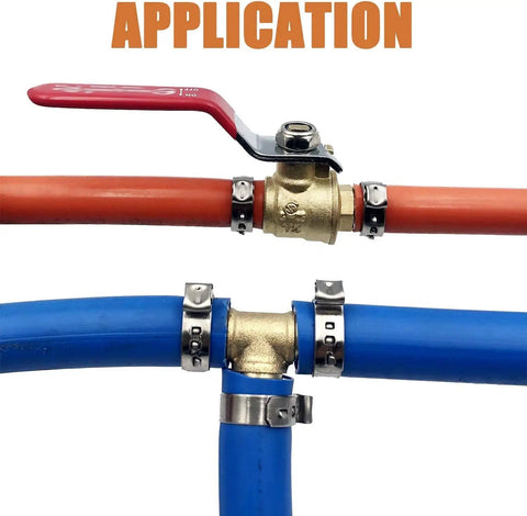 Heavy Duty Pex Pinch Clamps Kit With Five Sizes Three Eighths Inch One Half Inch Five Eighths Inch Three Quarters Inch And One Inch 50 Pieces Cinch Clamps For Securing Pipes And Hoses In Plumbing, showing clamp application on blue and red pipes.
