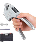 Handheld Digital Hardness Tester With Auto Storage And Quick Scale Switch For Steel Aluminum Brass Copper And Tough Metals Built Like A Tank For Daily Grind, held in hand with display and accessories.
